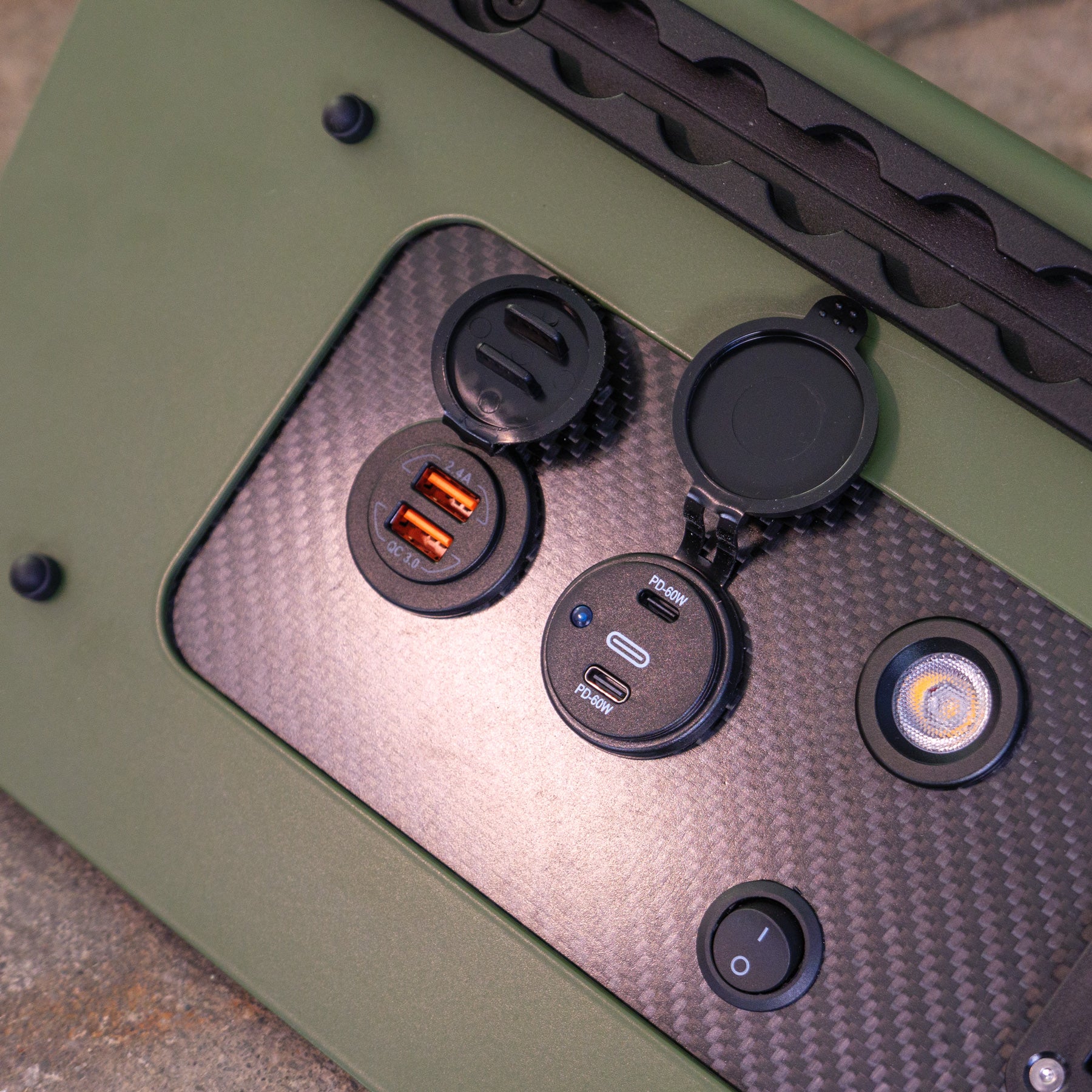 Sonderedition! 2er-Set Sitzkonsolenverkleidung in „Forestgreen“ – Molle- & Elektrik-Panel # VW T5, T6, T6.1